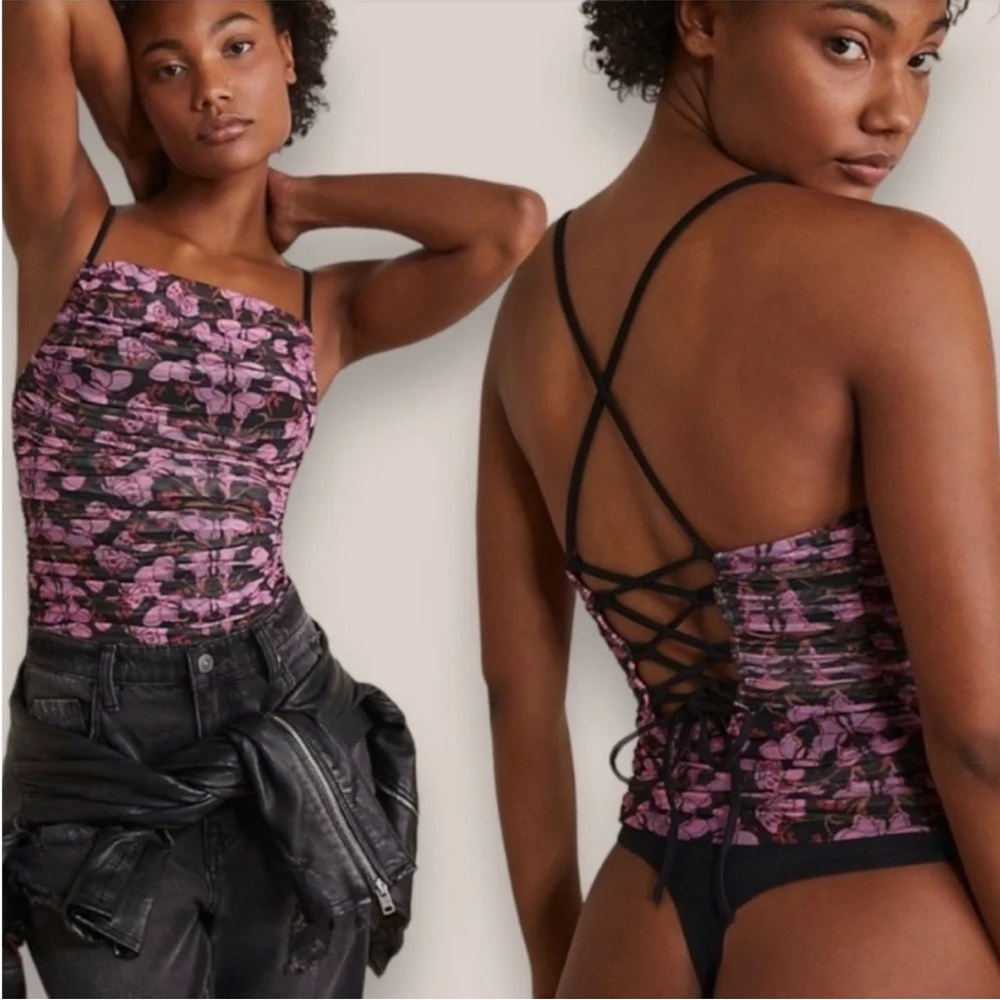 Pink & Black Butterfly pattern lace up Bodysuit